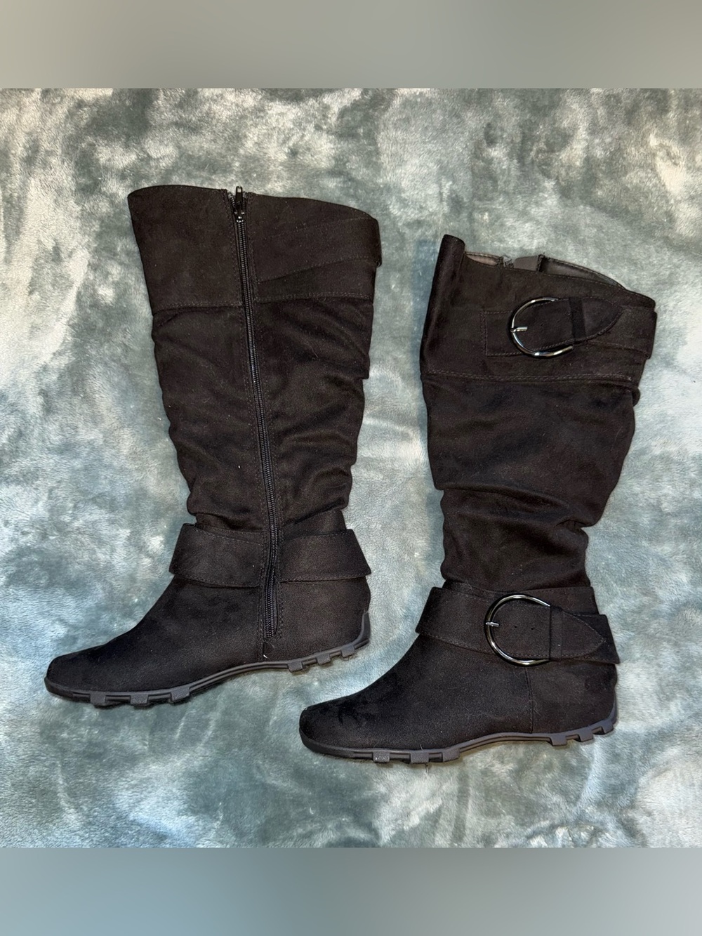 Women's Black Mid-Calf Suede Buckle Boots